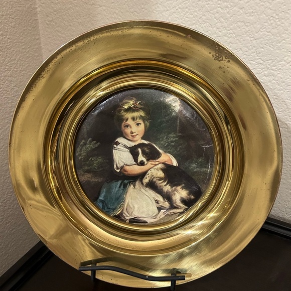 Vintage Made in England Linton Solid Brass Framed Round Wall Art Girl w/ Dog 13”